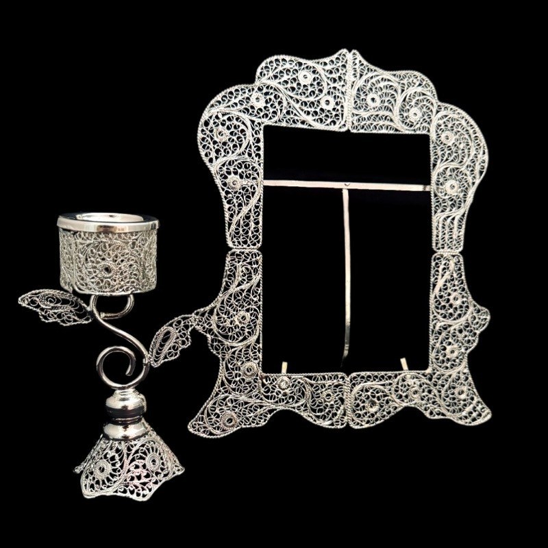 ظروف ملیله کاری قاب آینه مستطیل و شمعدان طرح اس