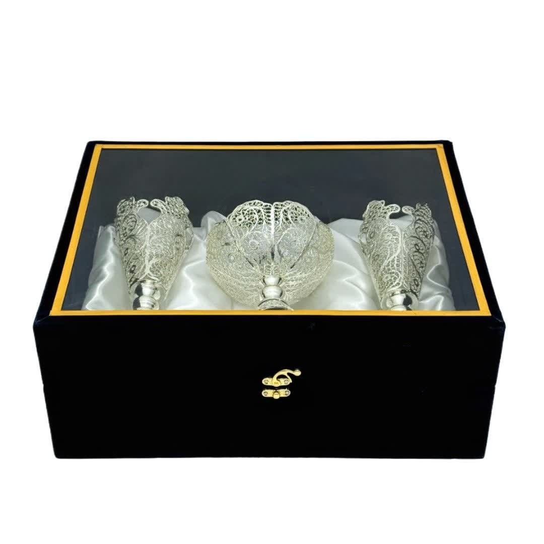 ست هدیه نقره گلدان ملیله کاری و قندان