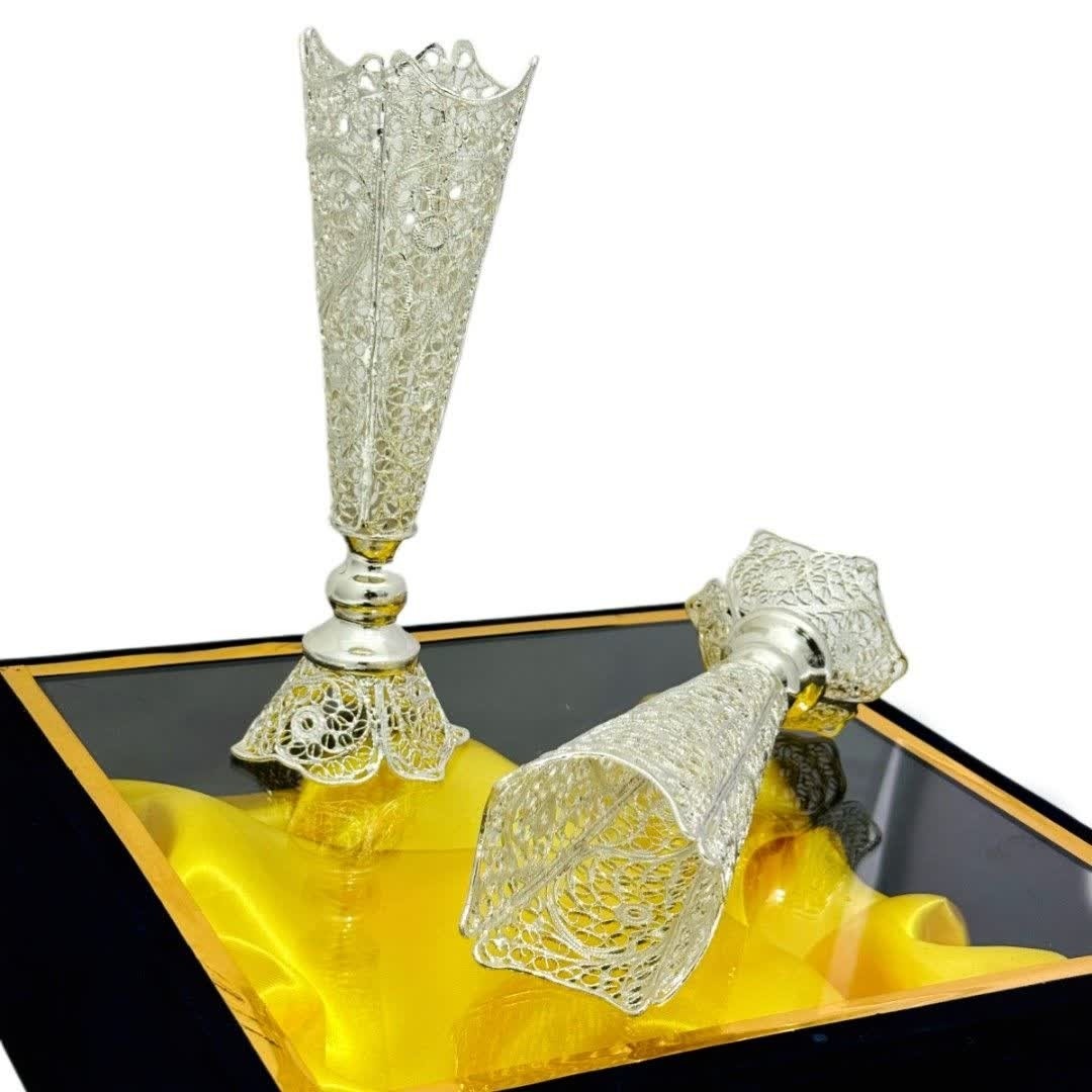گلدان ملیله کاری با آبکاری نقره پک دو عددی به همراه باکس هدیه (خرید مستقیم و بدون واسطه از تولیدی)