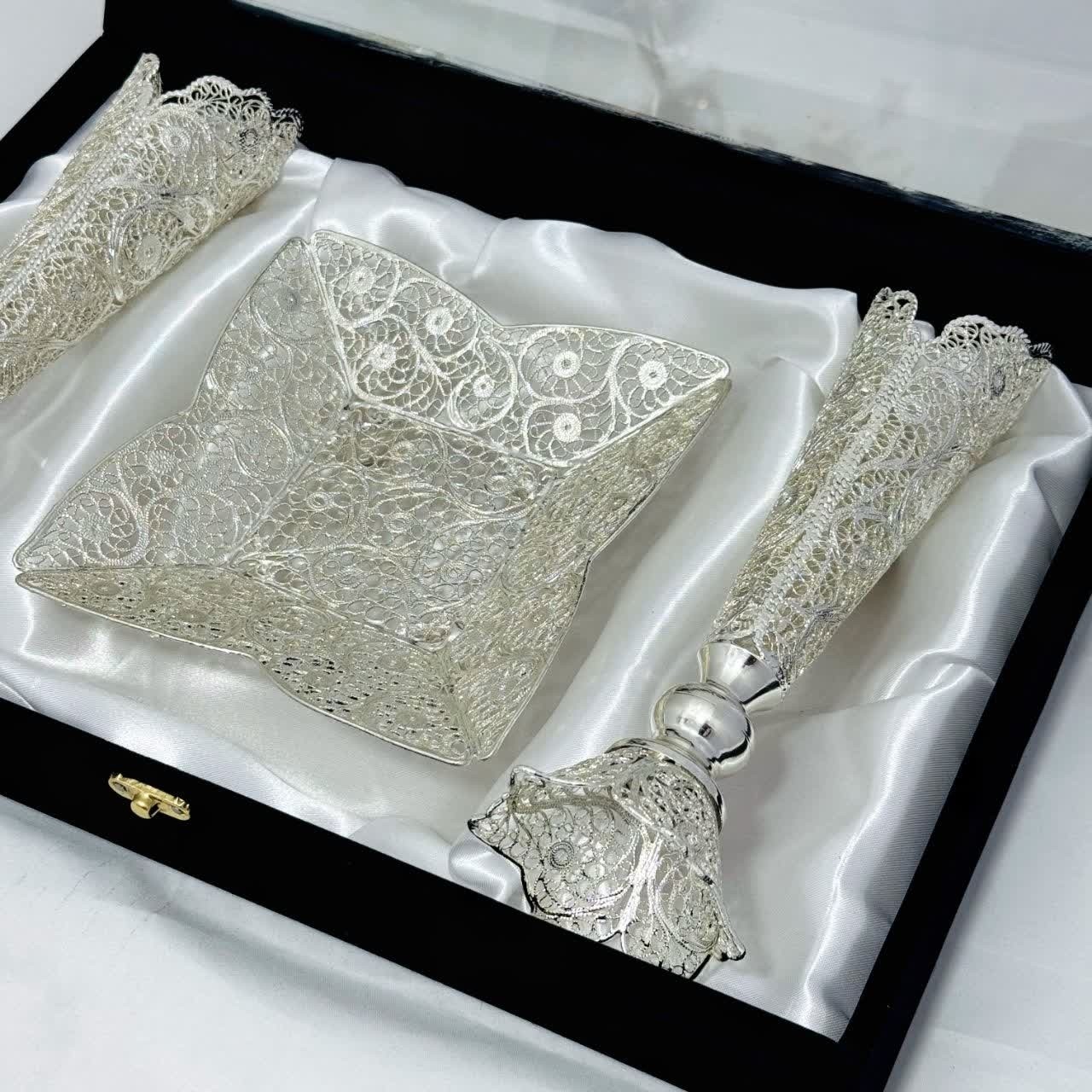 ست هدیه ملیله کاری شیرینی خوری پایه کوتاه و گلدان