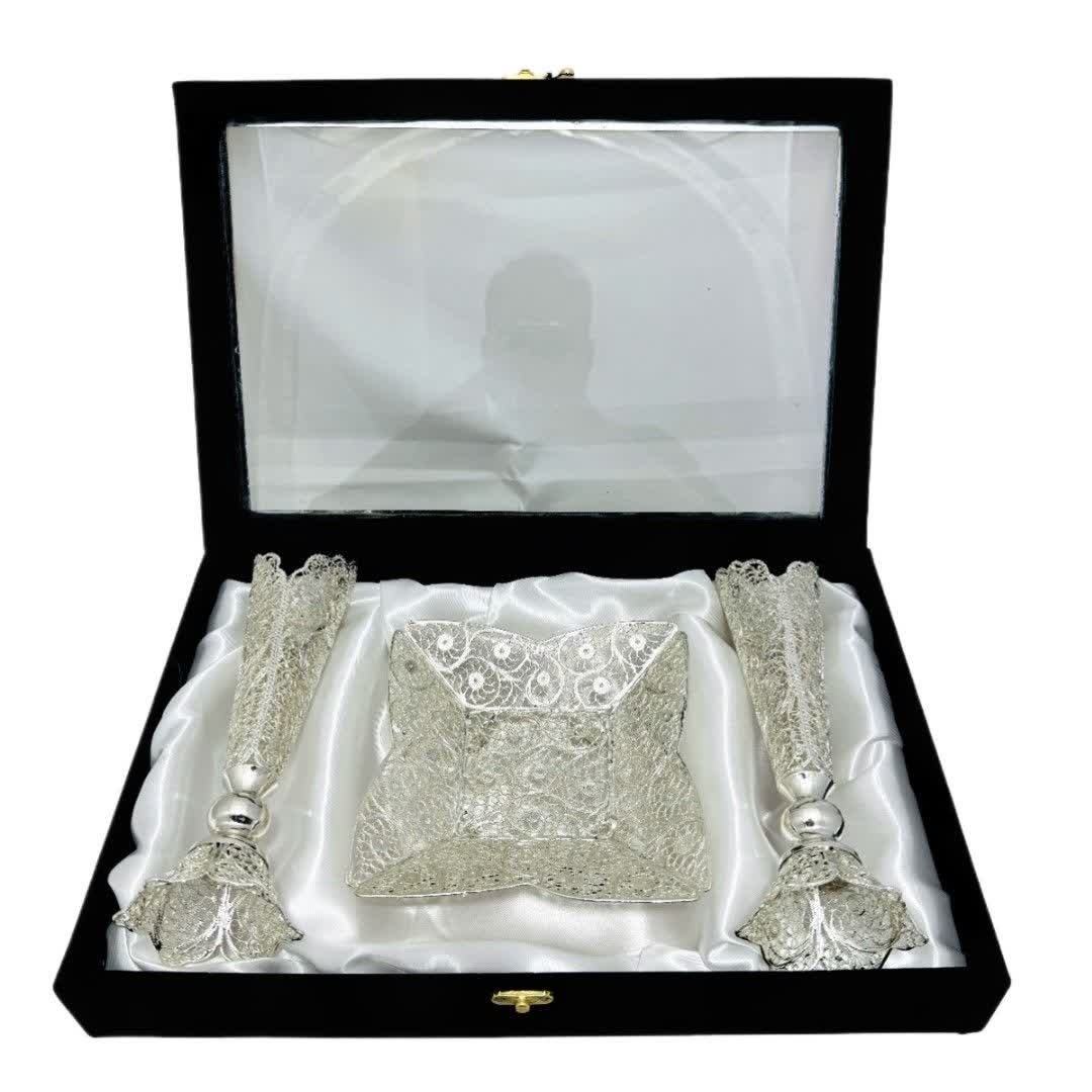 ست هدیه ملیله کاری شیرینی خوری پایه کوتاه و گلدان