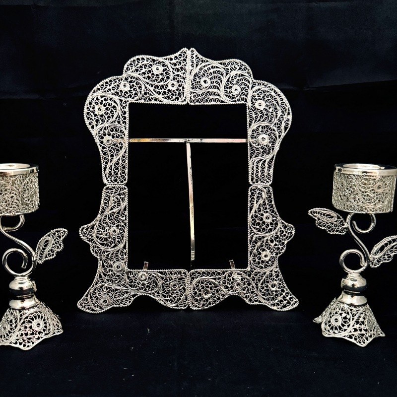 ظروف ملیله کاری قاب آینه مستطیل و شمعدان طرح اس