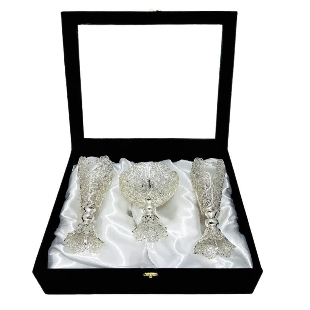 ست هدیه نقره گلدان ملیله کاری و قندان