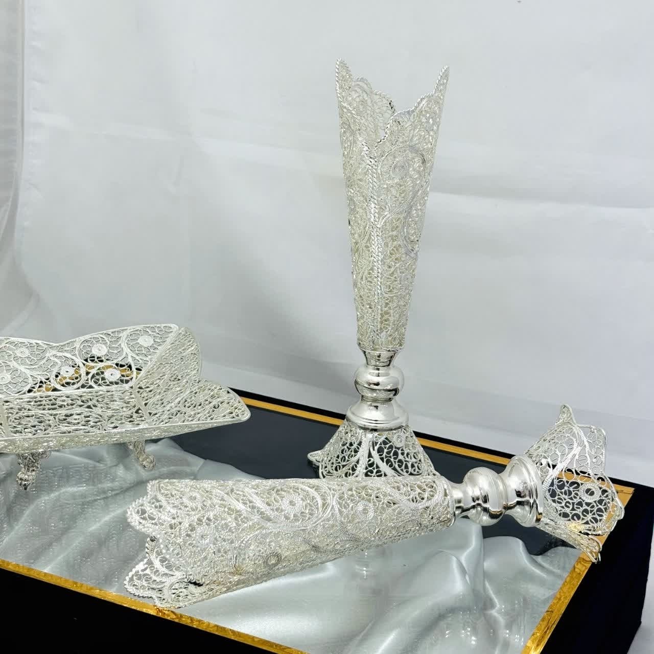 ست هدیه ملیله کاری شیرینی خوری پایه کوتاه و گلدان