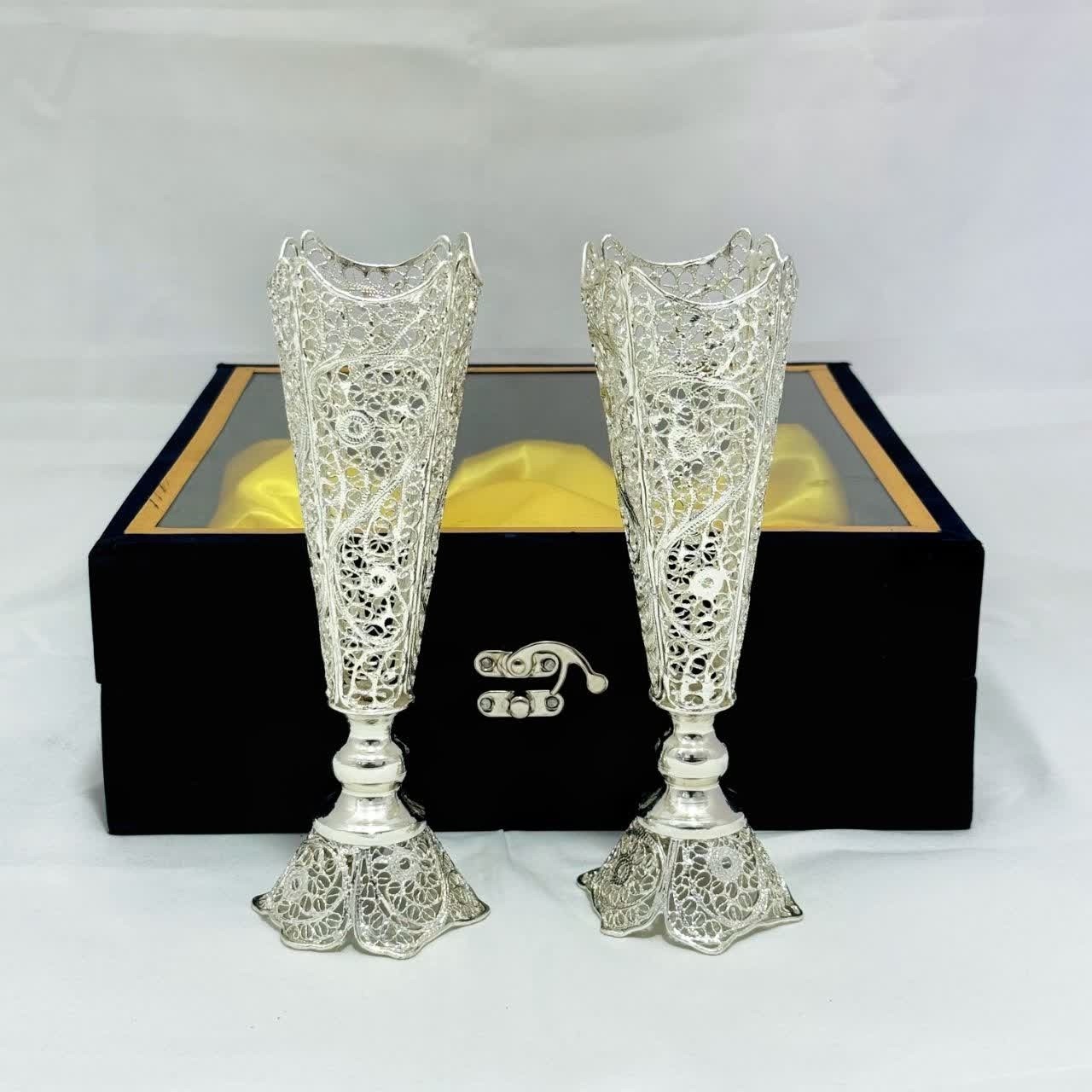 گلدان ملیله کاری با آبکاری نقره پک دو عددی به همراه باکس هدیه (خرید مستقیم و بدون واسطه از تولیدی)