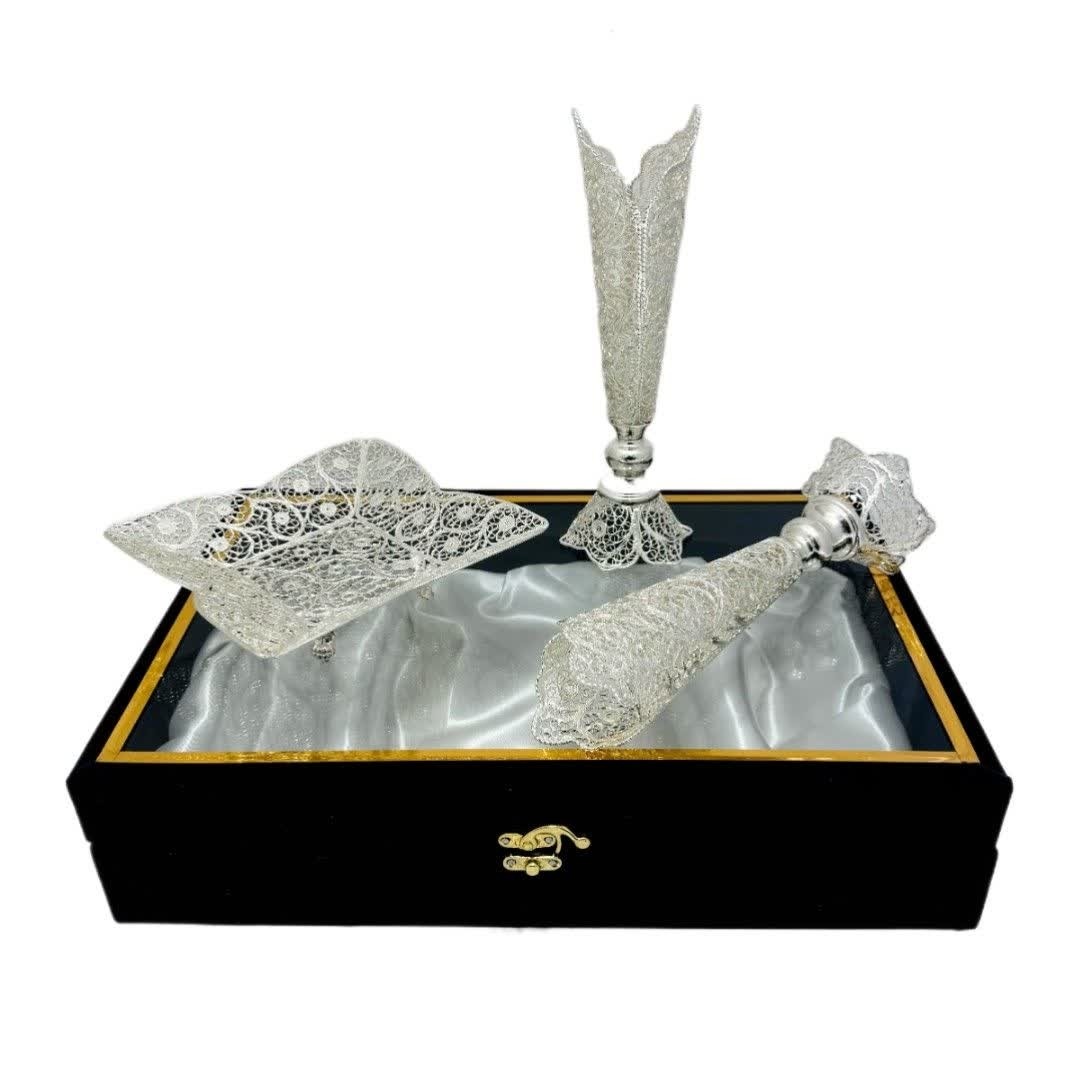 ست هدیه ملیله کاری شیرینی خوری پایه کوتاه و گلدان