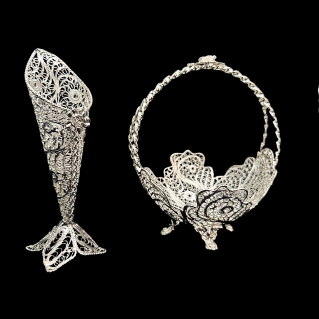 ظروف ملیله کاری کشکول زنبیل دسته دار و گلدان حرمی