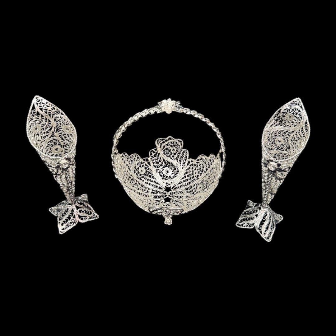 ظروف ملیله کاری کشکول زنبیل دسته دار و گلدان حرمی