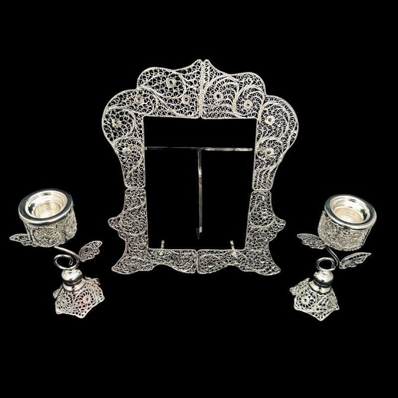 ظروف ملیله کاری قاب آینه مستطیل و شمعدان طرح اس