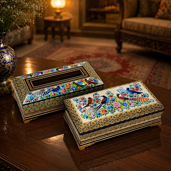 جعبه دستمال کاغذی و جاقاشقی خاتم کاری گل و بلبل