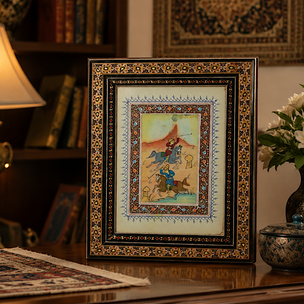 قاب خاتم کاری اصفهان به همراه فیبر نقاشی مینیاتور ۱۸در۲۳