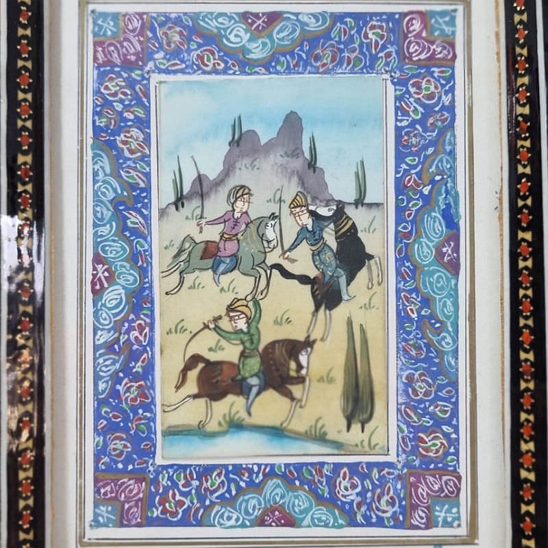 قاب خاتم کاری اصفهان به همراه فیبر نقاشی مینیاتور ۱۸در۲۳