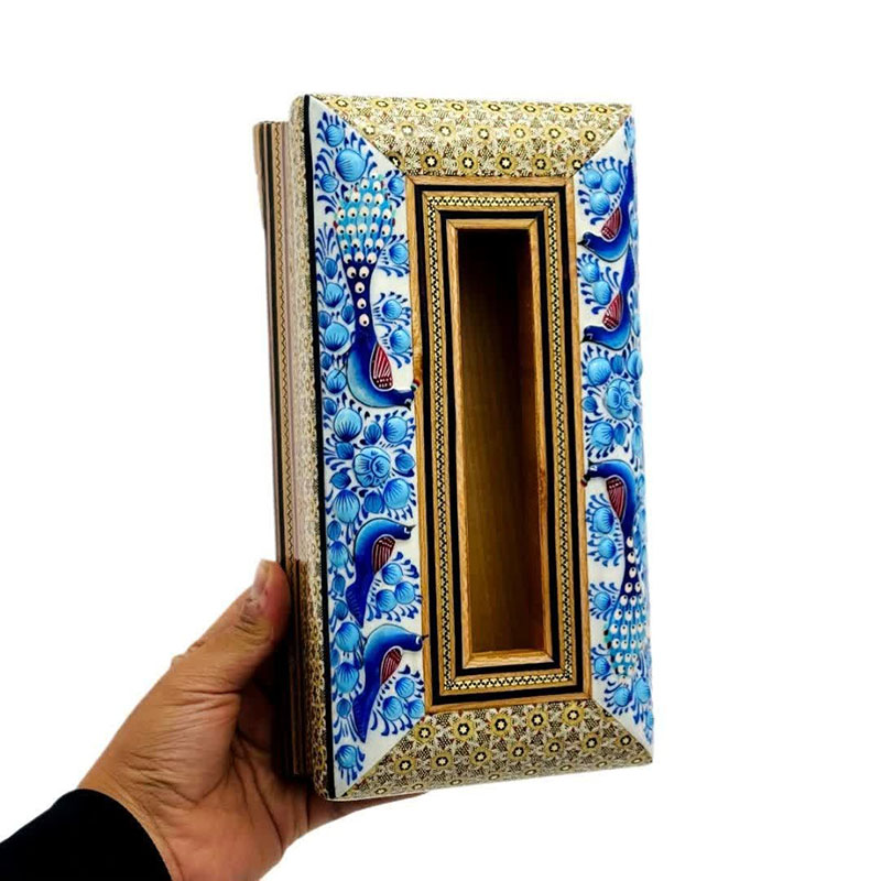 جعبه دستمال کاغذی خاتم کاری مدل گل و مرغ آبی