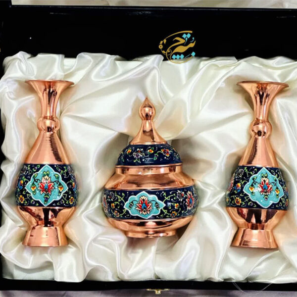 ست هدیه مس و پرداز قندان و گلدان - Image 2
