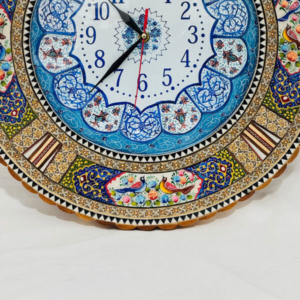 ساعت خاتم کاری گل و مرغ گرد با صفحه میناکاری قل دار - Image 8