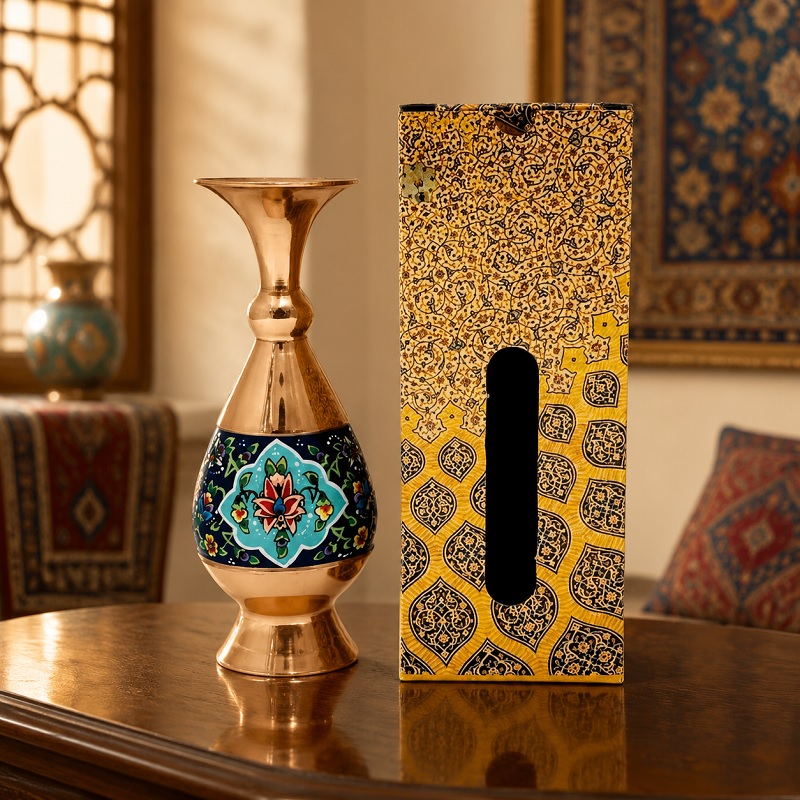 23324 گلدان مسی طرح پرداز ارتفاع 20 سانتی با جعبه سنتی - Image 1