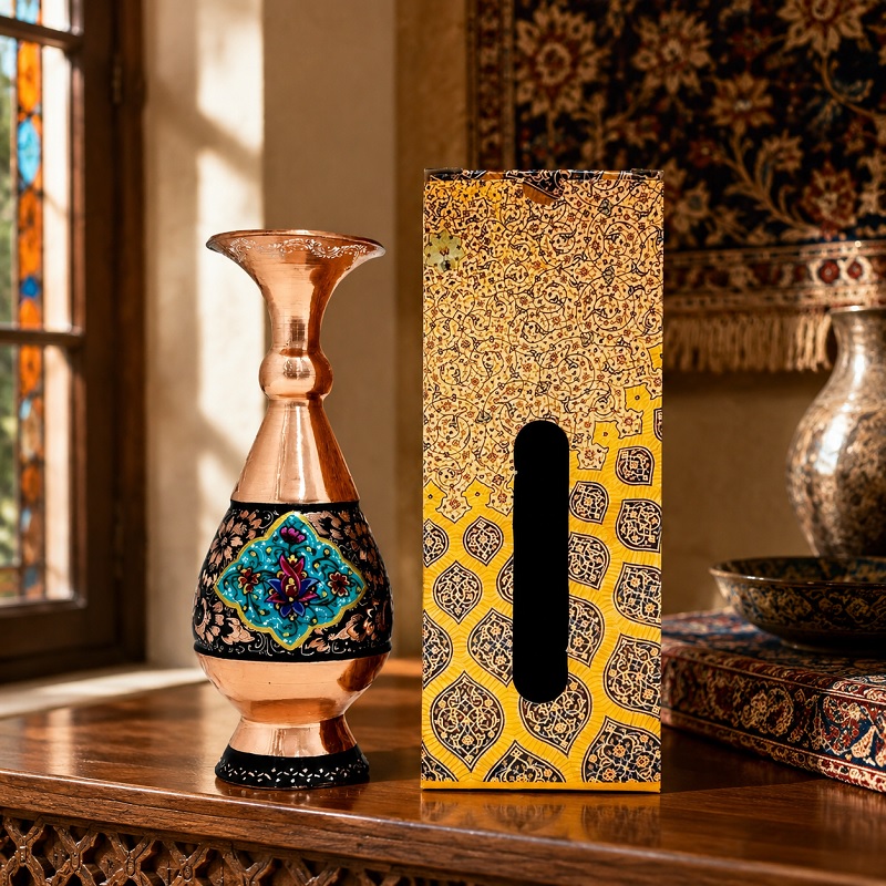 233445 گلدان مسی الماس تراش پرداز 20 سانتی با جعبه سنتی - Image 1