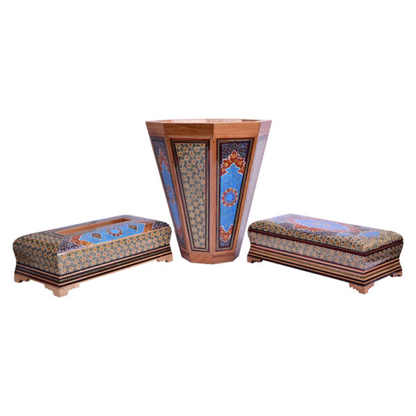 ست جعبه دستمال کاغذی و سطل و جا کاردی خاتم کاری طرح تذهیب - Image 6