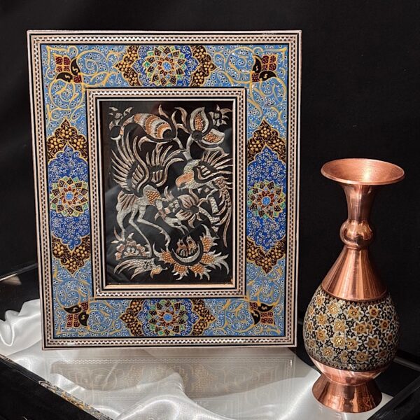 پک هدیه جفت گلدان تابلو اسلیمی خاتم کاری - Image 5