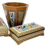 ست سه تیکه خاتم کاری جعبه دستمال کاغذی،جاکاردی،سطل مدل گل و مرغ - Image 9