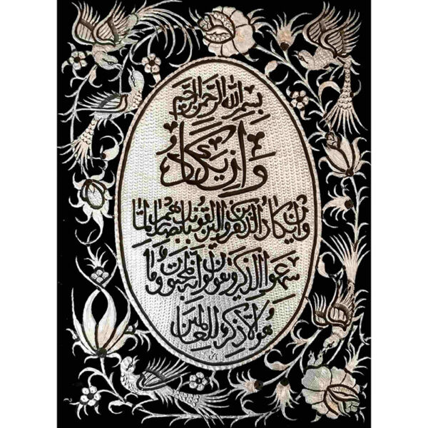 تابلو قلم زنی گل و مرغ با قاب خاتم کاری ترنج با سایز 53 در 63 سانتی متری - Image 2