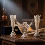 ست هدیه ظروف نقره ملیله کاری کشکول گرد و گلدان تنه خمری