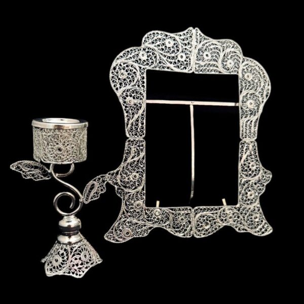 ظروف ملیله کاری قاب آینه مستطیل و شمعدان طرح اس - Image 2