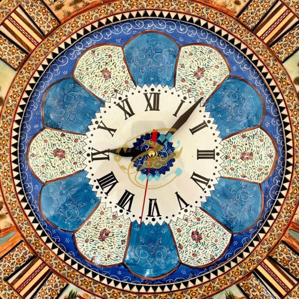 ساعت دیواری خاتم کاری گرد طرح چوگان - Image 5