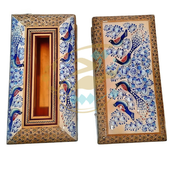ست سه تیکه خاتم کاری جادستمالی ،جاکاردی،سطل مدل گل و مرغ آبی - Image 5