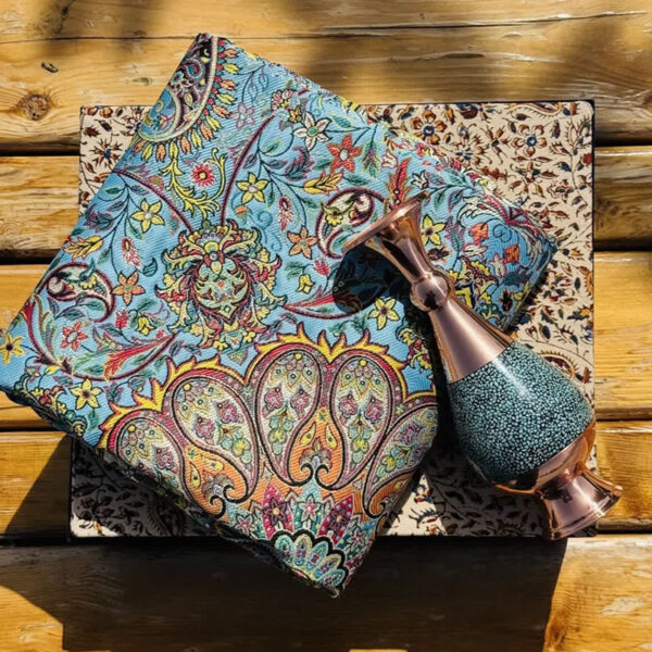 ست هدیه اداری ترمه و گلدان مس و فیروزه 20 با جعبه قلمکاری - Image 2