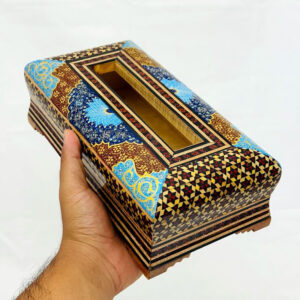 جعبه دستمال کاغذی خاتم کاری تذهیب طرح سوخته