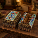 جعبه دستمال کاغذی و جاقاشقی خاتم کاری گل و بلبل چوبی