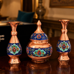ست هدیه مس و پرداز قندان و گلدان