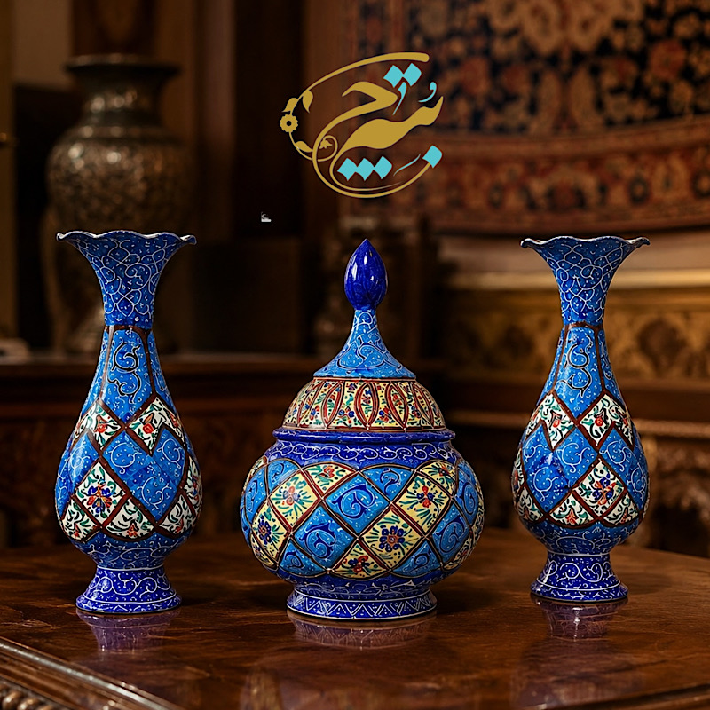 IMG_1834 پک هدیه میناکاری جفت گلدان و قندان - Image 1