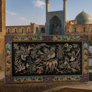 تابلو قلمزنی مسی با قاب خاتم کاری چوگان 42در72 کد33 (ارسال رایگان باربری)