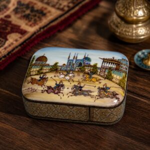 جعبه خاتم کاری کشویی چوگان در نقش جهان