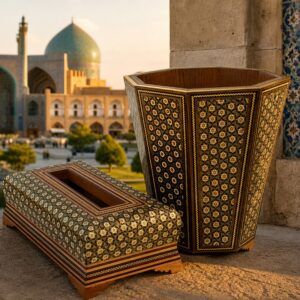 ست جعبه دستمال کاغذی  و  سطل  خاتم کاری   مدل بلک پره وارو