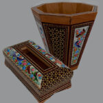 ست جعبه دستمال کاغذی و سطل  خاتم کاری مدل گل و مرغ  چوبی
