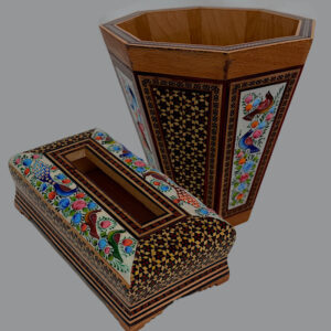 ست جعبه دستمال کاغذی و سطل  خاتم کاری مدل گل و مرغ  چوبی