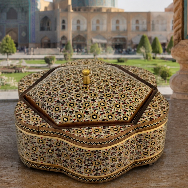 IMG_2603 شکلات خوری خاتم کاری چوبی طرح گلی پره وارو قطر ۱۹ - Image 1