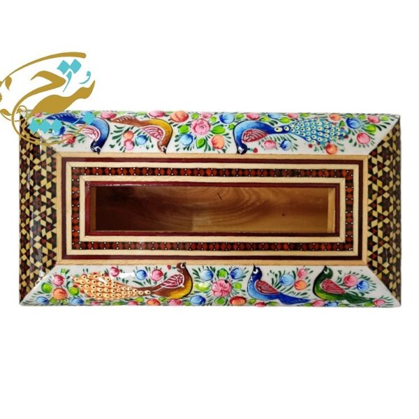 ست جعبه دستمال کاغذی و سطل  خاتم کاری مدل گل و مرغ  چوبی - Image 2