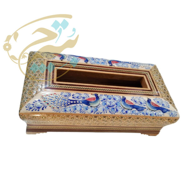 ست سه تیکه خاتم کاری جادستمالی ،جاکاردی،سطل مدل گل و مرغ آبی - Image 4
