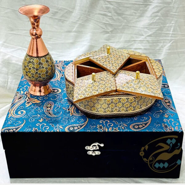 ست هدیه خاتم کاری گلدان 16 و شکلات خوری سه درب - Image 5