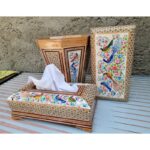 ست سه تیکه خاتم کاری جعبه دستمال کاغذی،جاکاردی،سطل مدل گل و مرغ - Image 2