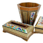 ست سه تیکه خاتم کاری جعبه دستمال کاغذی،جاکاردی،سطل مدل گل و مرغ - Image 10
