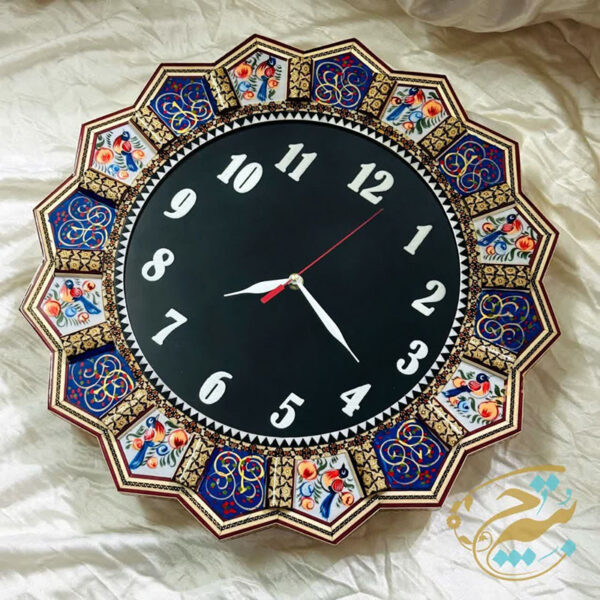 ساعت  خورشیدی خاتم کاری  گل ومرغ باصفحه مشکی - Image 12