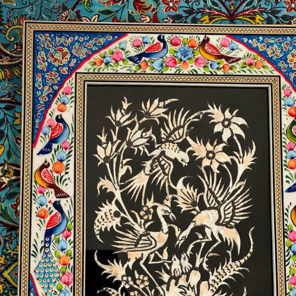 تابلو قلمزنی رومیزی با قاب خاتم کاری گل و بلبل 28در34 - Image 3