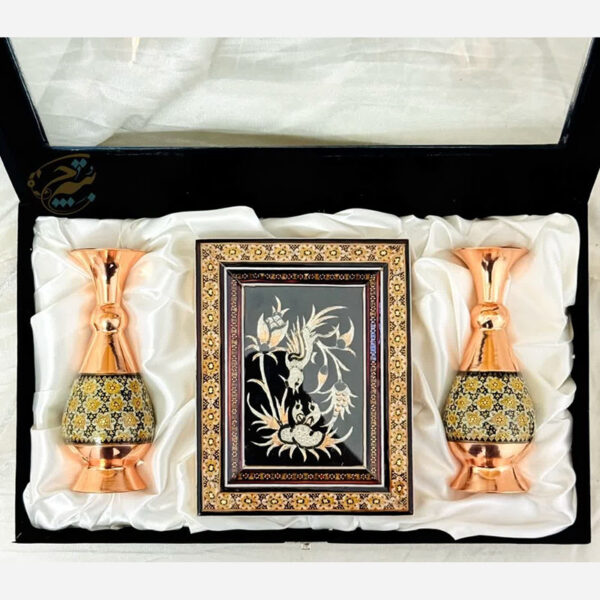 پک هدیه صنایع دستی گلدان خاتم کاری و تابلو - Image 5