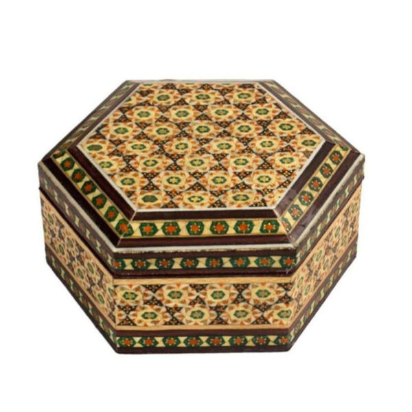 جعبه خاتم کاری لولایی شش گوش کوچک - Image 4