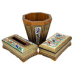 ست سه تیکه خاتم کاری جعبه دستمال کاغذی،جاکاردی،سطل مدل گل و مرغ